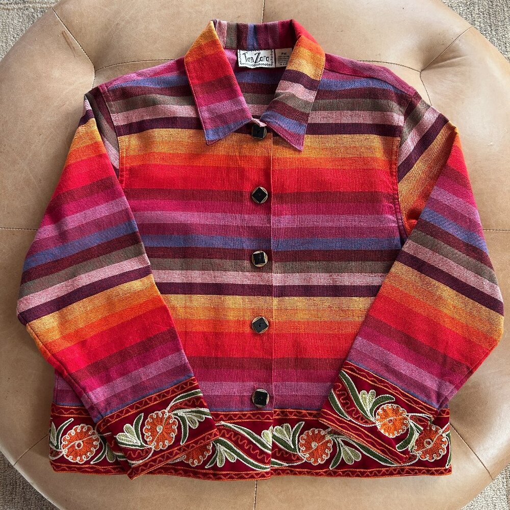 Artisan Boho Stripe Embroidered Folk Colorful Jacket Velvet Trim Cotton Women PM